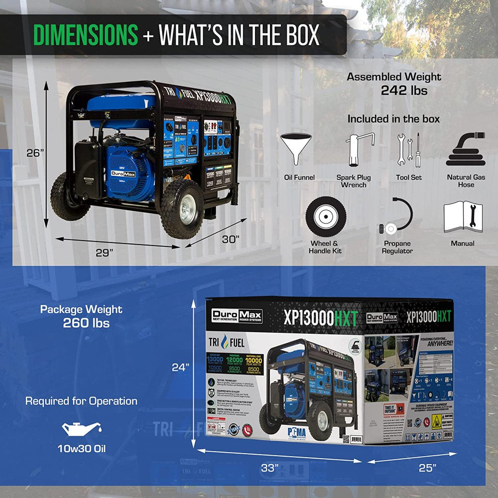 XP13000HXT 13,000 Watt Electric Start Tri-Fuel Natural Gas/Propane/Gas Powered Portable Generator W/ CO Alert