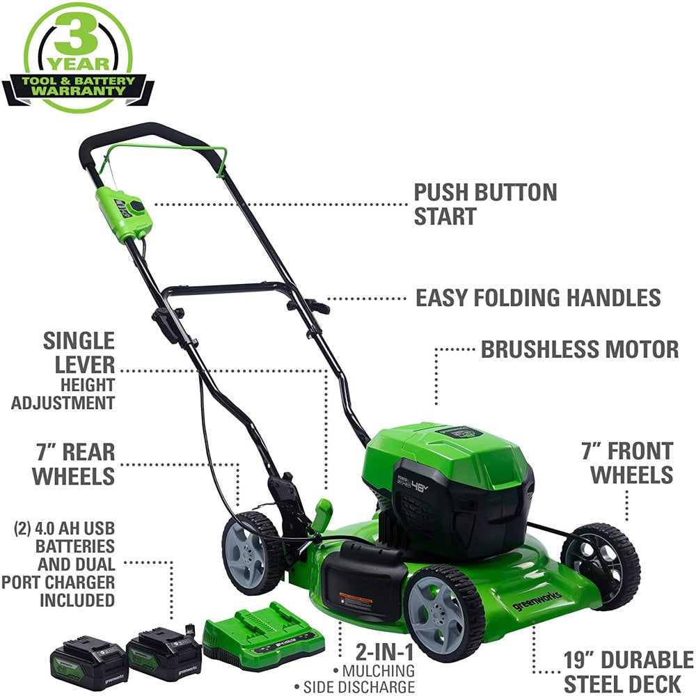 2 X 24V (48V) 19" Brushless Push Lawn Mower, 2 X 4.0Ah USB Batteries and Dual Port Rapid Charger Included
